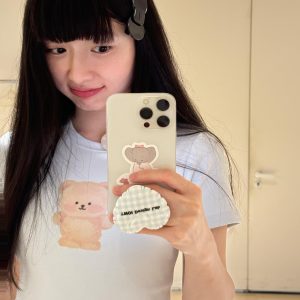 Cute Bear Print Short Fitted Slim Pure Cotton High-Stretch Short Sleeve T-Shirt - 25SS Korean Style Fashion