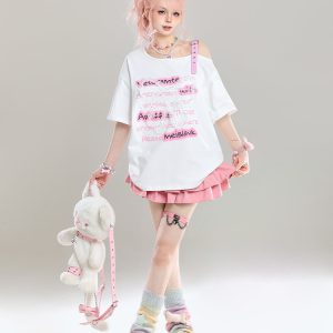 Cute Bow Half-Shoulder Short Sleeve T-Shirt for Women - Summer Loose Off-Shoulder Top, Age-Reducing, Trendy Y2K Style