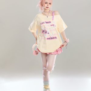 Cute Bow Half-Shoulder Short Sleeve T-Shirt for Women - Summer Loose Off-Shoulder Top, Age-Reducing, Trendy Y2K Style