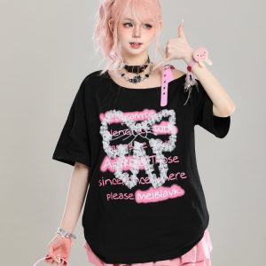 Cute Bow Half-Shoulder Short Sleeve T-Shirt for Women - Summer Loose Off-Shoulder Top, Age-Reducing, Trendy Y2K Style