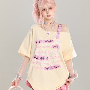 Cute Bow Half-Shoulder Short Sleeve T-Shirt for Women - Summer Loose Off-Shoulder Top, Age-Reducing, Trendy Y2K Style