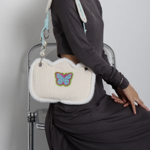 Cute Butterfly Plush Woven Shoulder Bag with Tulip Floral Design - Casual Crossbody Style for Everyday Use