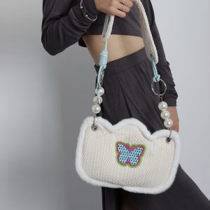 Cute Butterfly Plush Woven Shoulder Bag with Tulip Floral Design - Casual Crossbody Style for Everyday Use