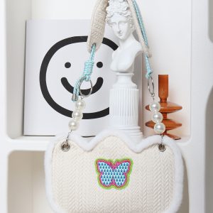 Cute Butterfly Plush Woven Shoulder Bag with Tulip Floral Design - Casual Crossbody Style for Everyday Use