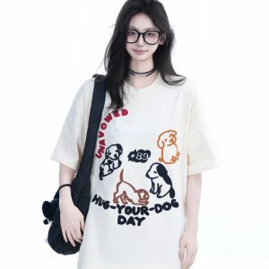 Cute Cartoon Dog Embroidered Short-Sleeve T-Shirt for Women - Summer Loose Pure Cotton Tee, Trendy 90s Style