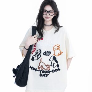 Cute Cartoon Dog Embroidered Short-Sleeve T-Shirt for Women - Summer Loose Pure Cotton Tee, Trendy 90s Style