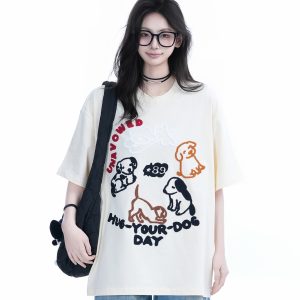 Cute Cartoon Dog Embroidered Short-Sleeve T-Shirt for Women - Summer Loose Pure Cotton Tee, Trendy 90s Style