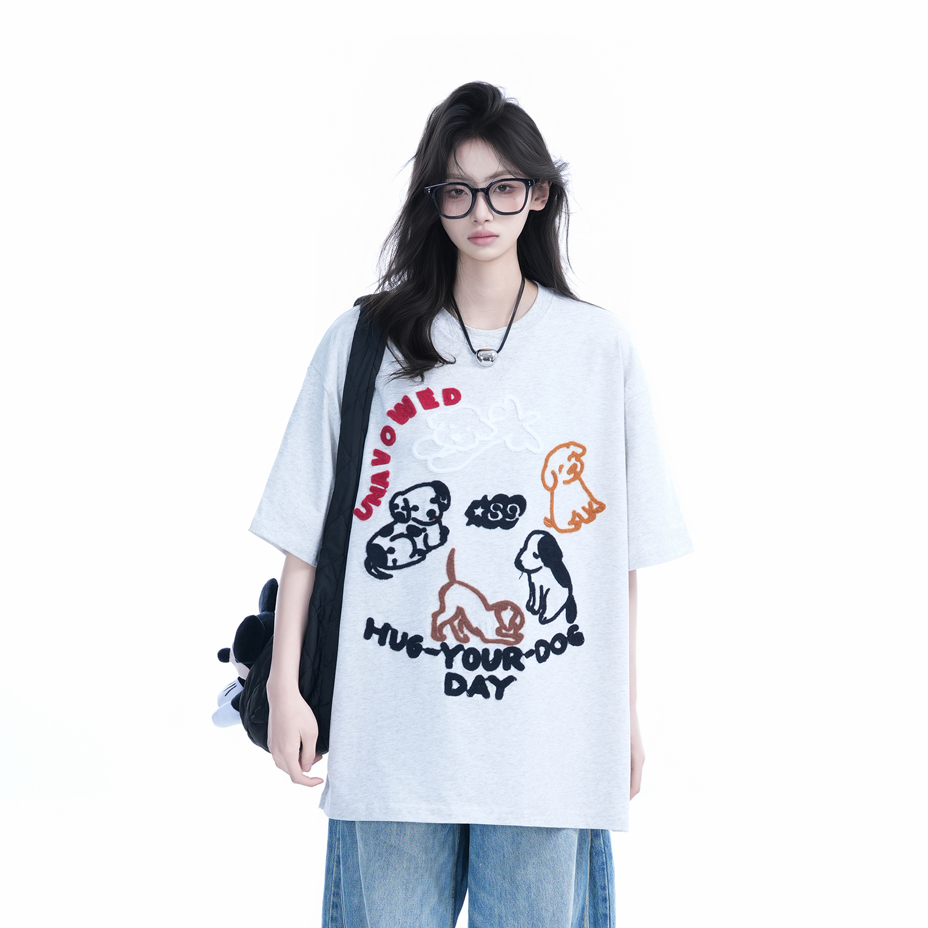 Cute Cartoon Dog Embroidered Short-Sleeve T-Shirt for Women - Summer Loose Pure Cotton Tee, Trendy 90s Style