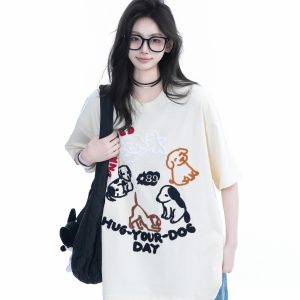 Cute Cartoon Dog Embroidered Short-Sleeve T-Shirt for Women - Summer Loose Pure Cotton Tee, Trendy 90s Style