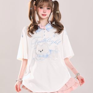 Cute Cartoon Embroidered Plush Puppy Polo Shirt - Short Sleeve T-Shirt for Girls, Summer Sweet Lazy Style, Casual Top