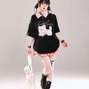 Cute Cartoon Embroidered Plush Puppy Polo Shirt - Short Sleeve T-Shirt for Girls, Summer Sweet Lazy Style, Casual Top