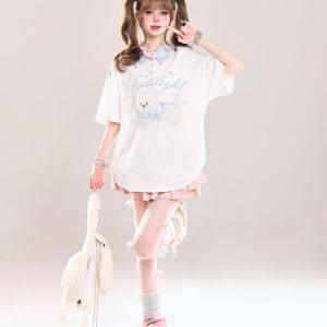 Cute Cartoon Embroidered Plush Puppy Polo Shirt - Short Sleeve T-Shirt for Girls, Summer Sweet Lazy Style, Casual Top