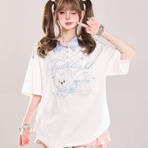 Cute Cartoon Embroidered Plush Puppy Polo Shirt - Short Sleeve T-Shirt for Girls, Summer Sweet Lazy Style, Casual Top
