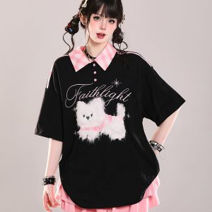 Cute Cartoon Embroidered Plush Puppy Polo Shirt - Short Sleeve T-Shirt for Girls, Summer Sweet Lazy Style, Casual Top