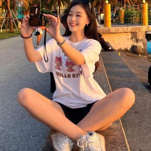 Cute Cartoon Kitty Print Summer Loose Short-Sleeve T-Shirt - Korean Style Casual Cotton Top for Comfort and Versatility