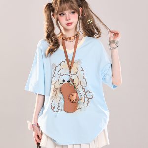 Cute Cartoon Printed Little Sheep V-Neck Short Sleeve T-Shirt for Girls - 2025 Summer Casual Loose Fit