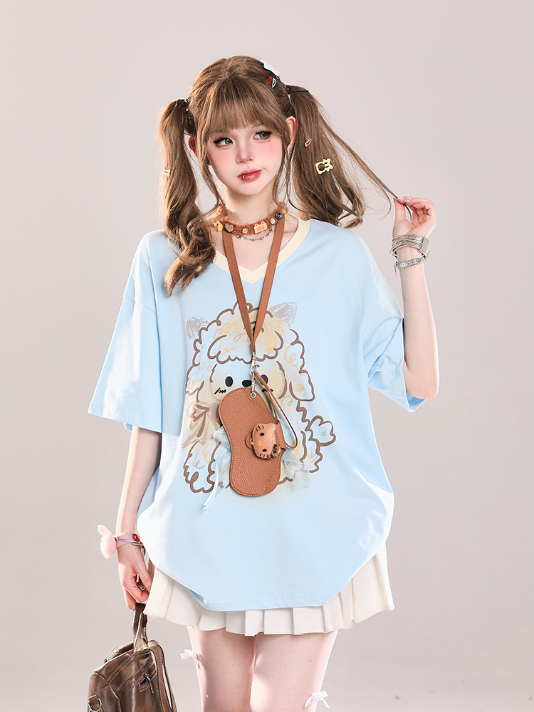 Cute Cartoon Printed Little Sheep V-Neck Short Sleeve T-Shirt for Girls - 2025 Summer Casual Loose Fit Cute Cartoon Printed Little Sheep V-Neck Short Sleeve T-Shirt for Girls - 2025 Summer Casual Loose Fit