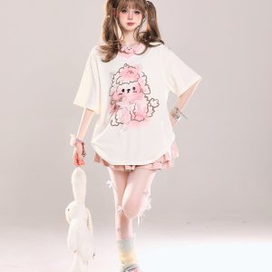 Cute Cartoon Printed Little Sheep V-Neck Short Sleeve T-Shirt for Girls - 2025 Summer Casual Loose Fit