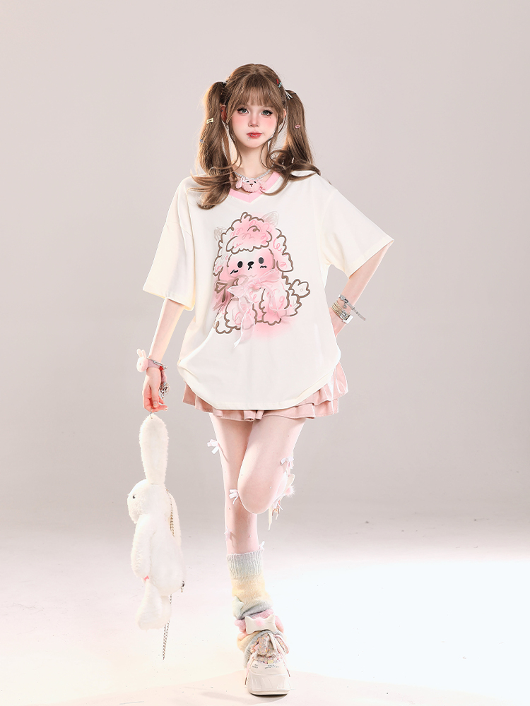 Cute Cartoon Printed Little Sheep V-Neck Short Sleeve T-Shirt for Girls - 2025 Summer Casual Loose Fit Cute Cartoon Printed Little Sheep V-Neck Short Sleeve T-Shirt for Girls - 2025 Summer Casual Loose Fit