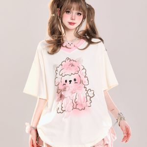 Cute Cartoon Printed Little Sheep V-Neck Short Sleeve T-Shirt for Girls - 2025 Summer Casual Loose Fit