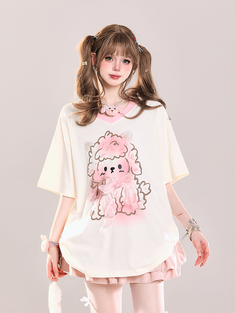 Cute Cartoon Printed Little Sheep V-Neck Short Sleeve T-Shirt for Girls - 2025 Summer Casual Loose Fit Cute Cartoon Printed Little Sheep V-Neck Short Sleeve T-Shirt for Girls - 2025 Summer Casual Loose Fit