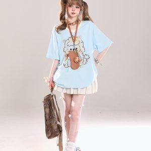 Cute Cartoon Printed Little Sheep V-Neck Short Sleeve T-Shirt for Girls - 2025 Summer Casual Loose Fit