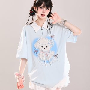 Cute Cartoon Puppy Polo Collar Short-Sleeve T-Shirt for Girls - Summer Casual Loose Fit Top, Adorable Y2K Style