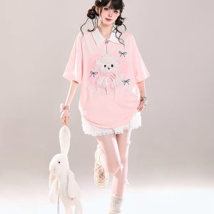 Cute Cartoon Puppy Polo Collar Short-Sleeve T-Shirt for Girls - Summer Casual Loose Fit Top, Adorable Y2K Style