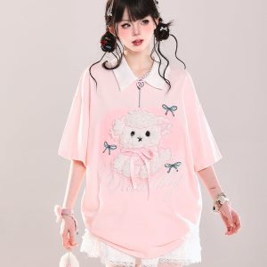 Cute Cartoon Puppy Polo Collar Short-Sleeve T-Shirt for Girls - Summer Casual Loose Fit Top, Adorable Y2K Style