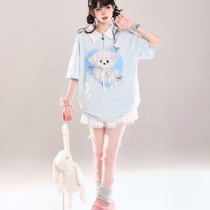 Cute Cartoon Puppy Polo Collar Short-Sleeve T-Shirt for Girls - Summer Casual Loose Fit Top, Adorable Y2K Style