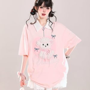 Cute Cartoon Puppy Polo Collar Short-Sleeve T-Shirt for Girls - Summer Casual Loose Fit Top, Adorable Y2K Style