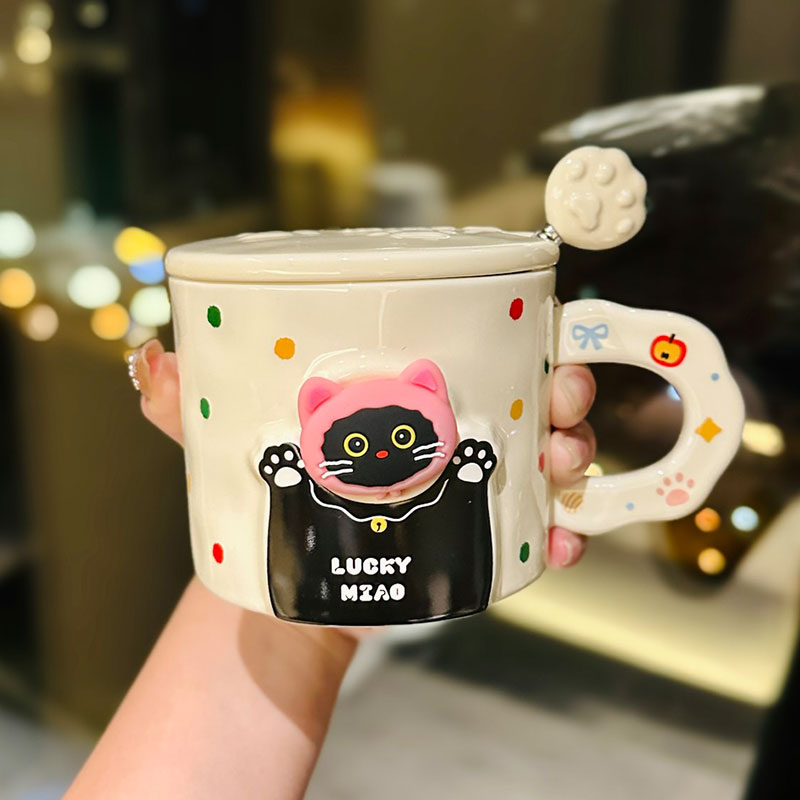 Cute Cat Ceramic Mug with Lid and Spoon – Adorable Water Cup for Girls, Perfect Birthday Gift & Party Favor