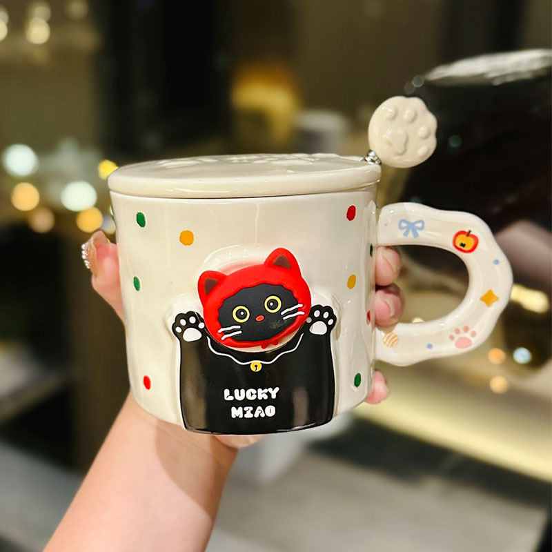 Cute Cat Ceramic Mug with Lid and Spoon – Adorable Water Cup for Girls, Perfect Birthday Gift & Party Favor