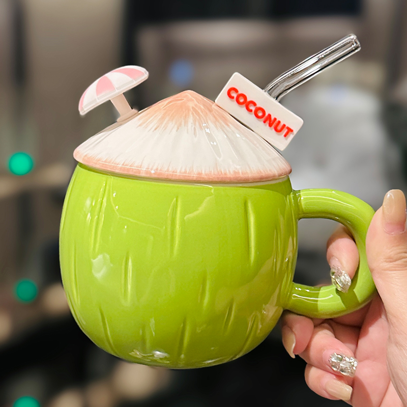 Cute Ceramic Coconut Water Cup with Lid and Straw, Adorable Summer Juice Mug for Girls, Perfect for Beach and Poolside Fun