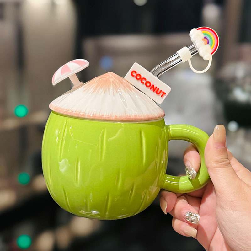 Cute Ceramic Coconut Water Cup with Lid and Straw, Adorable Summer Juice Mug for Girls, Perfect for Beach and Poolside Fun