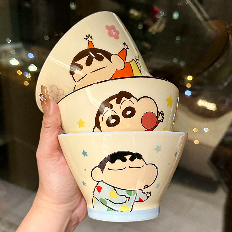 Cute Conical Hat Ceramic Rice Bowl for Kids - 2025 New Model, Adorable Crayon Shin-chan Design, Perfect Noodle Bowl for Children