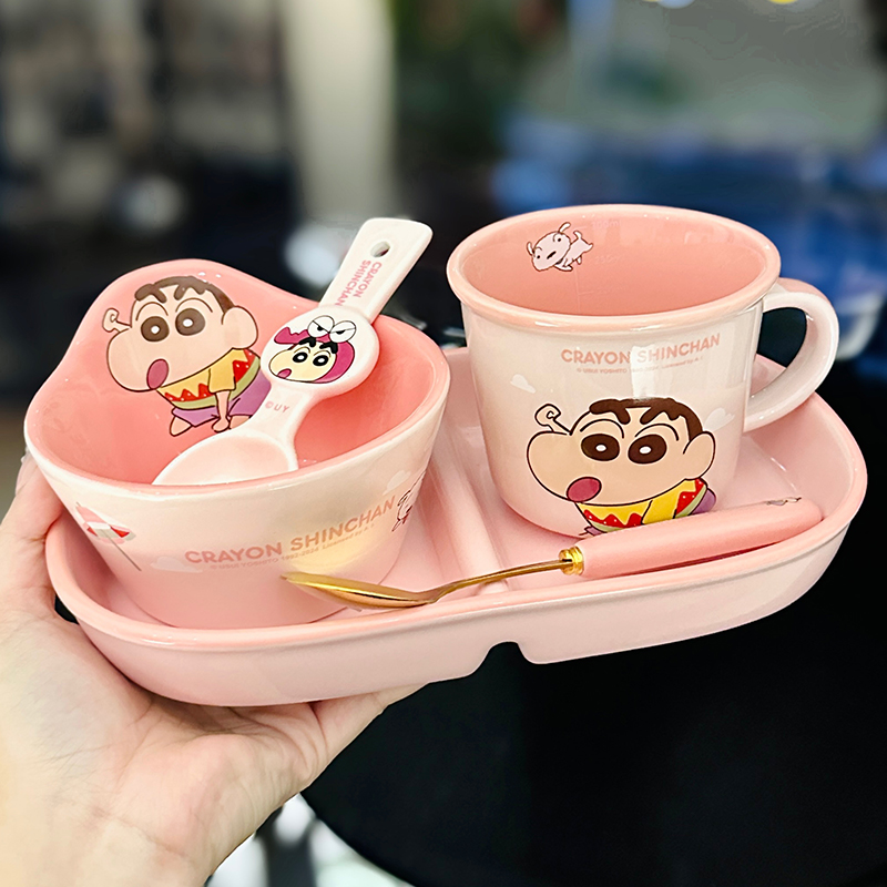 Cute Crayon Shin-chan Ceramic Tableware Set for Kids - One-Person Meal Bowl, Plate, and Milk Cup - Perfect for Breakfast