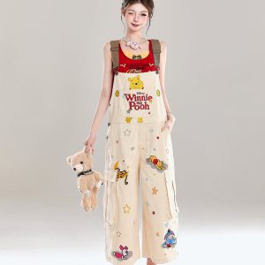Cute Embroidered Winnie the Pooh Jumpsuit for Girls - Summer American Style Loose Casual Overalls, Disney Fashion Outfit