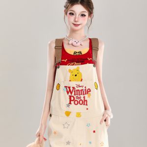 Cute Embroidered Winnie the Pooh Jumpsuit for Girls - Summer American Style Loose Casual Overalls, Disney Fashion Outfit