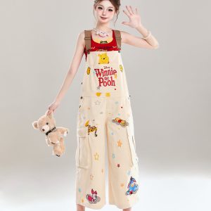 Cute Embroidered Winnie the Pooh Jumpsuit for Girls - Summer American Style Loose Casual Overalls, Disney Fashion Outfit