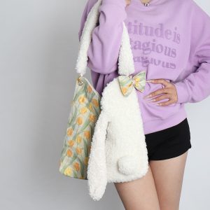 Cute Floppy-Eared Rabbit Plush Color-Blocking Large Capacity Shoulder Crossbody Bag – Adorable Y2K Style for Everyday Use