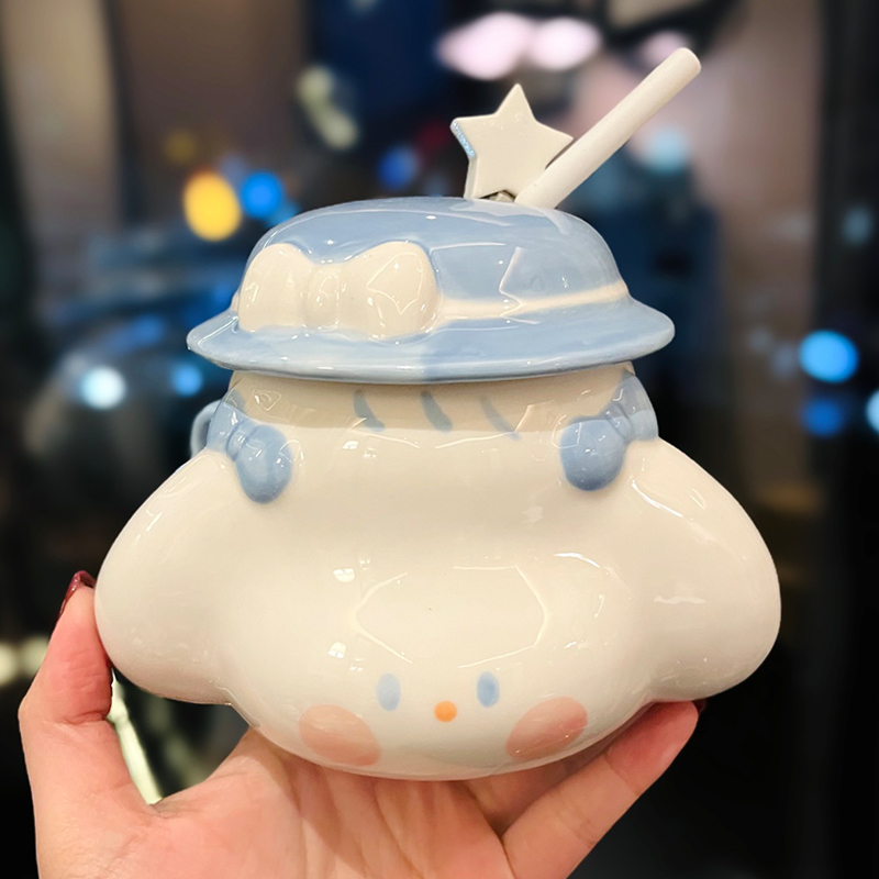 Cute Fufu Dog Ceramic Mug with Lid and Spoon - Influencer-Style Couple Water Cup for Breakfast or Coffee with Straw