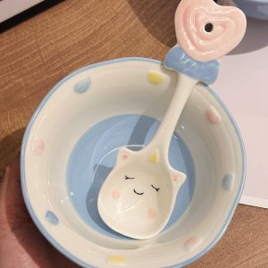 Cute Hand-Painted Cartoon Unicorn Ceramic Bowl with Underglaze, 5-Inch Ice Cream Bowl and Dessert Spoon, Perfect for Kids' Parties