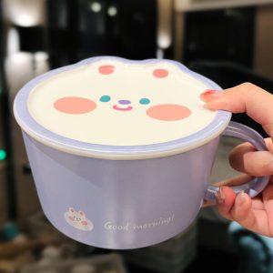 Cute Heart Ceramic Noodle Bowl with Lid - Microwaveable Instant Ramen Bowl for Students, Instagram Trendy Kitchenware