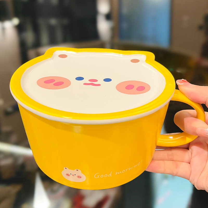 Cute Heart Ceramic Noodle Bowl with Lid - Microwaveable Instant Ramen Bowl for Students, Instagram Trendy Kitchenware