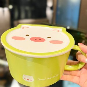 Cute Heart Ceramic Noodle Bowl with Lid - Microwaveable Instant Ramen Bowl for Students, Instagram Trendy Kitchenware