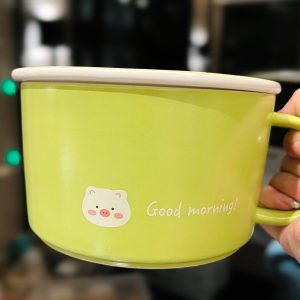 Cute Heart Ceramic Noodle Bowl with Lid - Microwaveable Instant Ramen Bowl for Students, Instagram Trendy Kitchenware