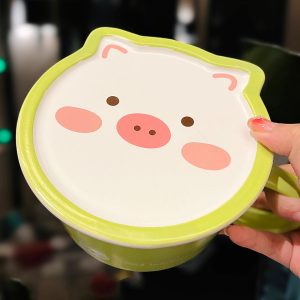 Cute Heart Ceramic Noodle Bowl with Lid - Microwaveable Instant Ramen Bowl for Students, Instagram Trendy Kitchenware