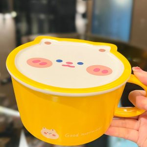 Cute Heart Ceramic Noodle Bowl with Lid - Microwaveable Instant Ramen Bowl for Students, Instagram Trendy Kitchenware