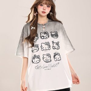 Cute Hello Kitty Cat Short-Sleeve T-Shirt for Women, Casual Summer 2025 Loose Fit, Trendy American Style